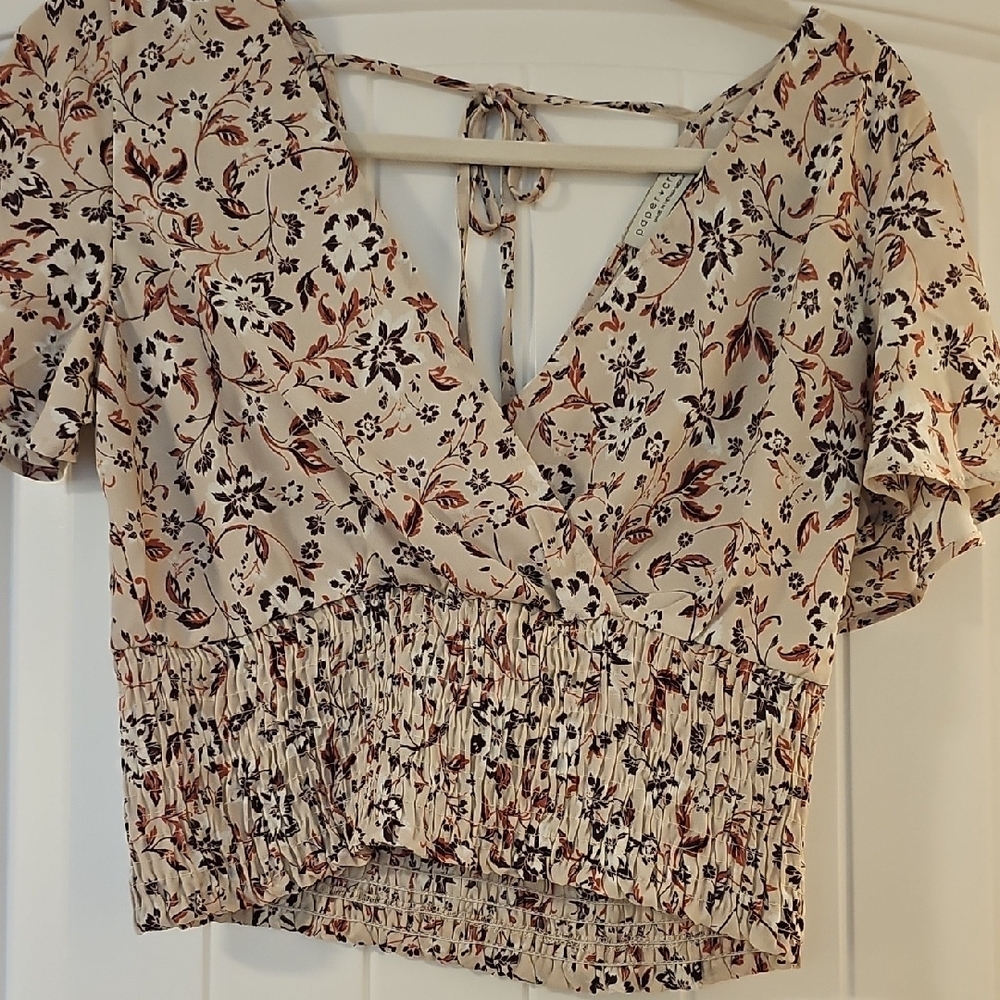 Paper Crane Cream and Black Smocked Crop Blouse with Flutter Sleeves